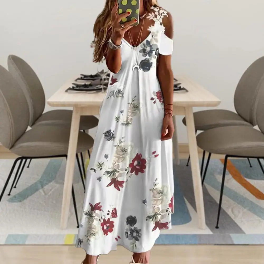 Maxi Dress for Women Feather Printed Lace Sling Ladies Loose-Fitting Hollow Out A-Line Long Dress Streetwear for Party