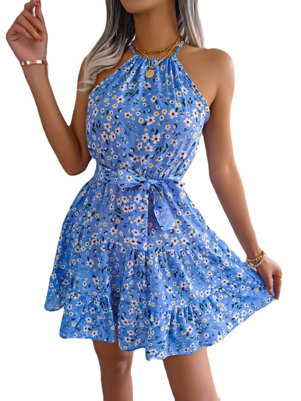 2025 Summer Women's Halter-Neck Dress Floral Printed Women's Beach Dress Lace Up Sexy Ladies A-Line Dress Women's Clothing