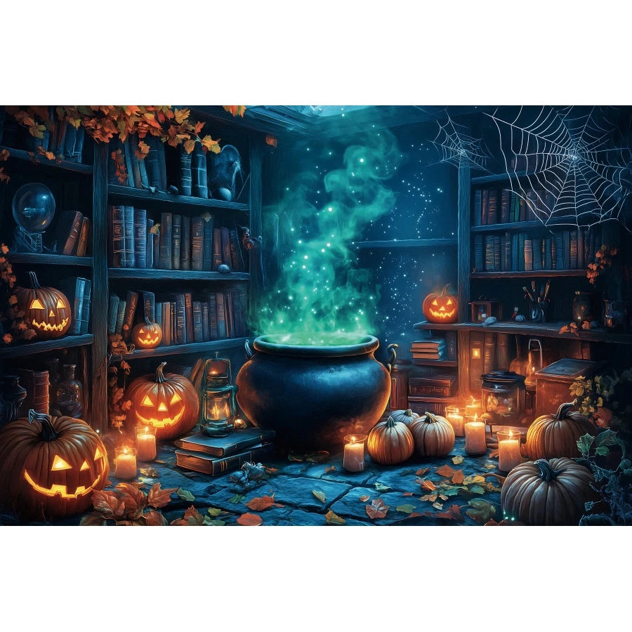 Halloween Horror Photo Backgrounds Witches Magic Boiler Bookshelf Pumpkin Lanterns Spider Web Spooky Party Photography Backdrops
