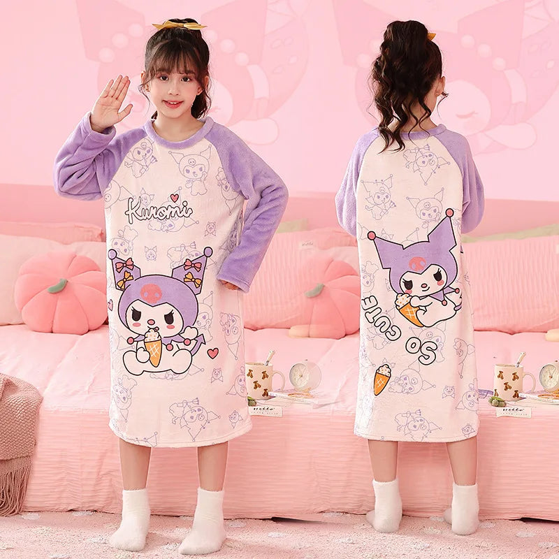 Sanrio Hello Kitty Kuromi Children's Pajamas Cinnamoroll My Melody Autumn Winter Flannel Anime Kids Robe Long Sleeved Girls Boys