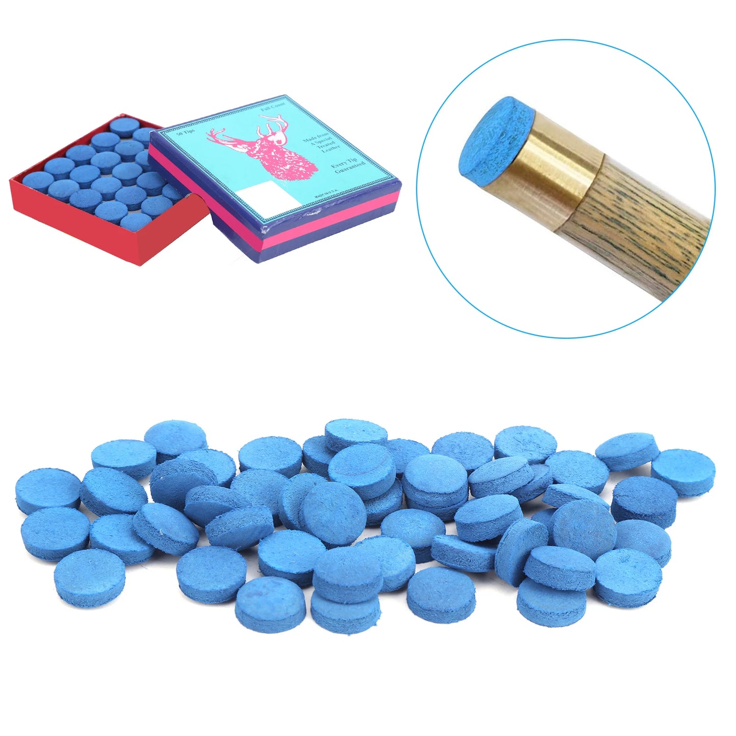 ZK20 50PCS PU Leather Billiard Pool Cue Tips Pool Stick Replacement Accessory With Storage Box