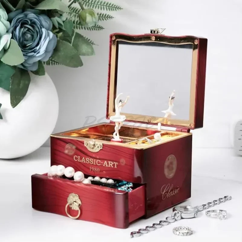 Classic Rotating Music Box Creative Dancing Girl Clockwork Jewelry Storage Box With Mirror Ornaments Birthday Christmas Gifts