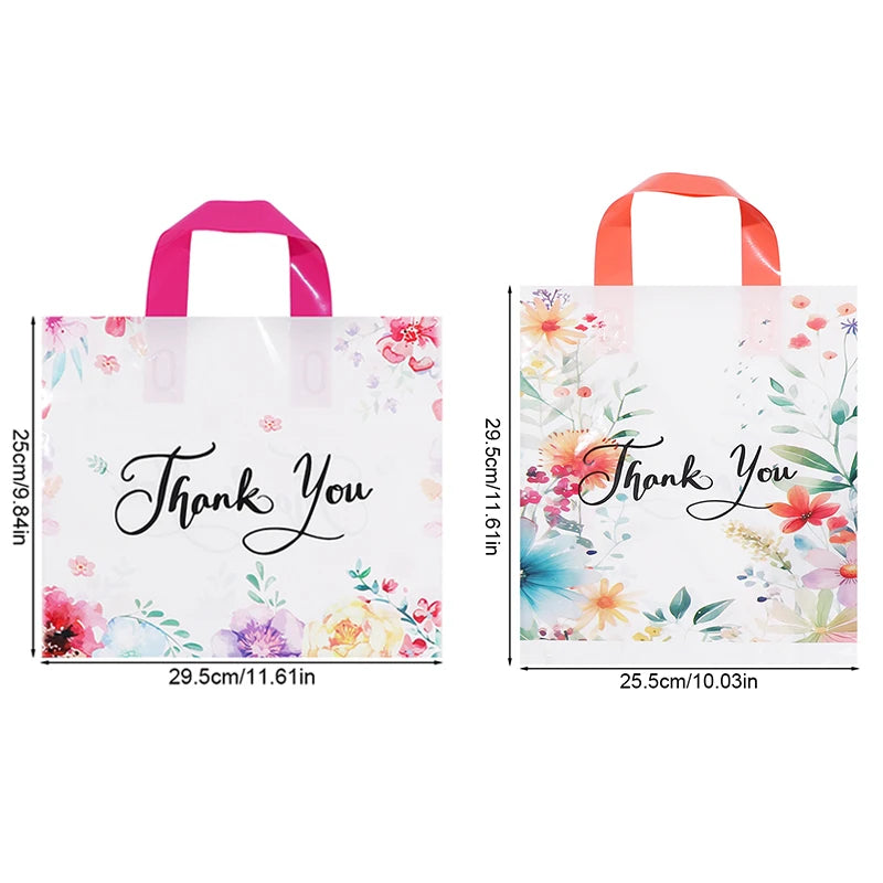10/20/30Pcs Thank You Gift Bag Floral Design Plastic Tote Bags for Wedding Birthday Party Gift Packaging Thanksgiving Christmas