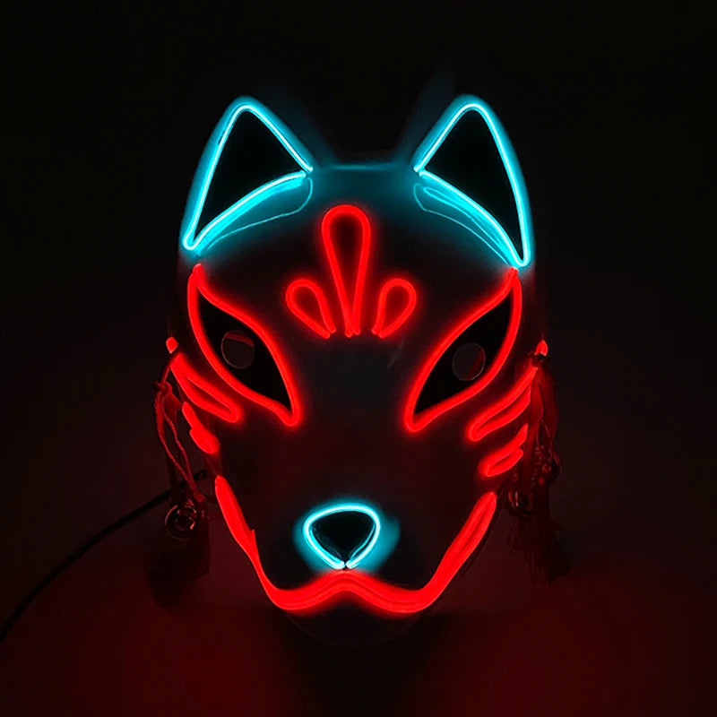 Glowing Demon Slayer Mask Cosplay Japanese Cartoon Neon Light Samurai Mascara Luminous Led Fox Mask for Halloween Christmas