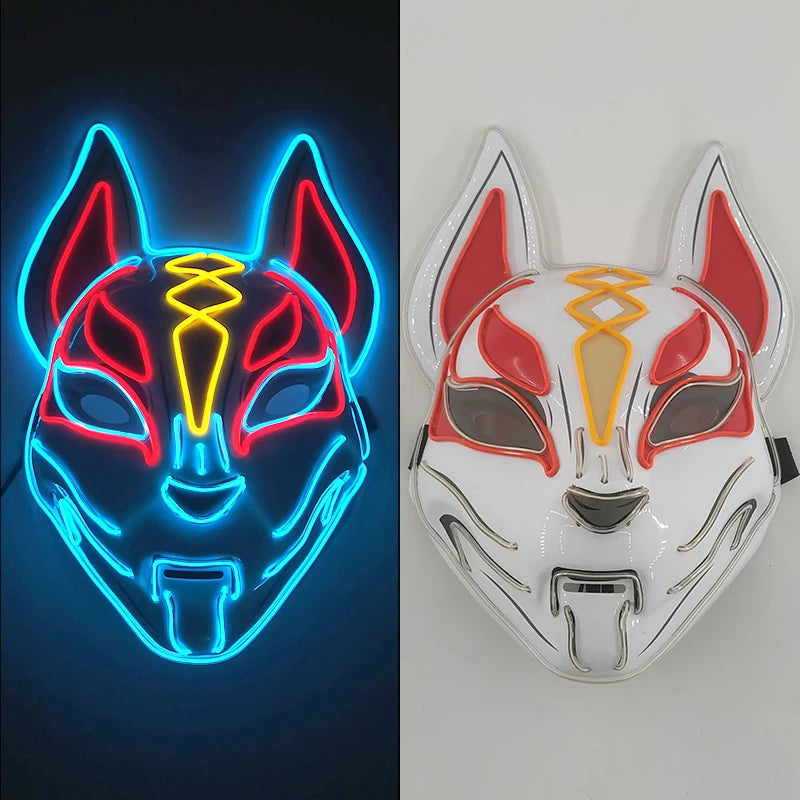 Glowing Demon Slayer Mask Cosplay Japanese Cartoon Neon Light Samurai Mascara Luminous Led Fox Mask for Halloween Christmas