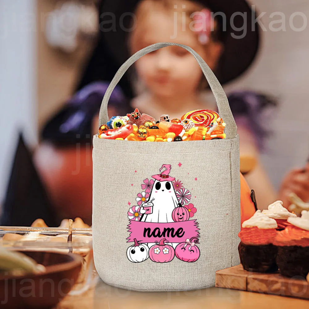 Personalized Trick or Treat Bag Custom Name Candy Bucket Bag Halloween Party Ghost Tote Bags Portable Cookie Basket Gift for Kid