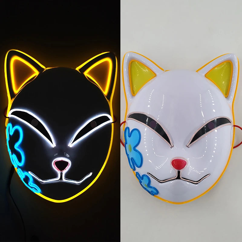 Glowing Demon Slayer Mask Cosplay Japanese Cartoon Neon Light Samurai Mascara Luminous Led Fox Mask for Halloween Christmas