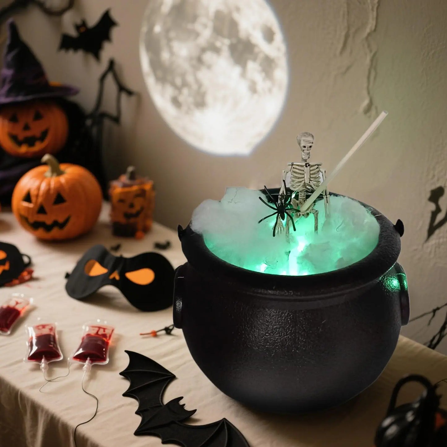Large Cauldron Cauldron Halloween Decorations With Skeleton and LED Lights Black Witch Bowl Spooky Props for Mantel Desktop