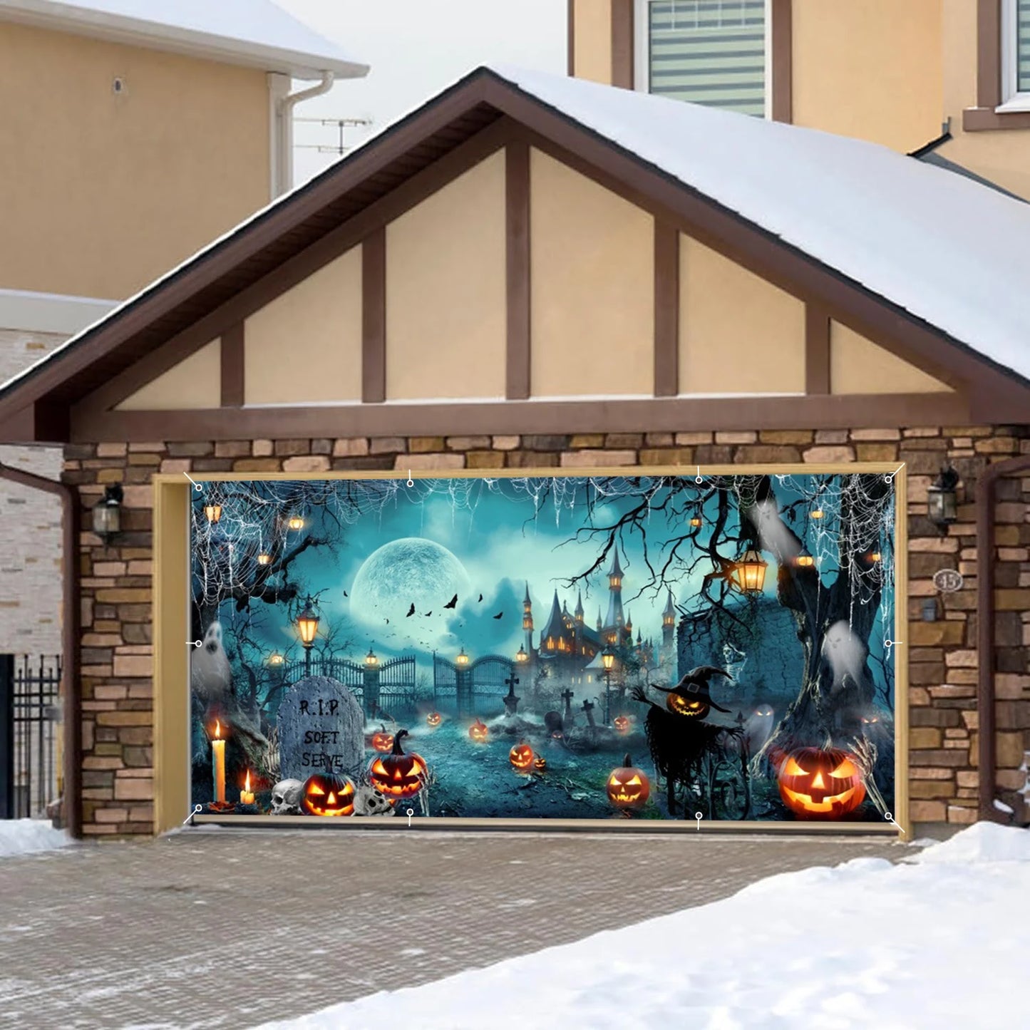Halloween Garage Door Photography Background Spooky Graveyard Gate Witches Dark Banner Hanging Outdoor Halloween Photo Backdrop