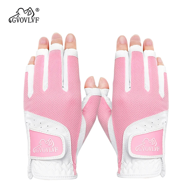 GVOVLVF1 Pair Golf Gloves for Women Half 1/3 Finger Soft Leather Breathable for Better Grip and Club Control Fit Ladies Girls