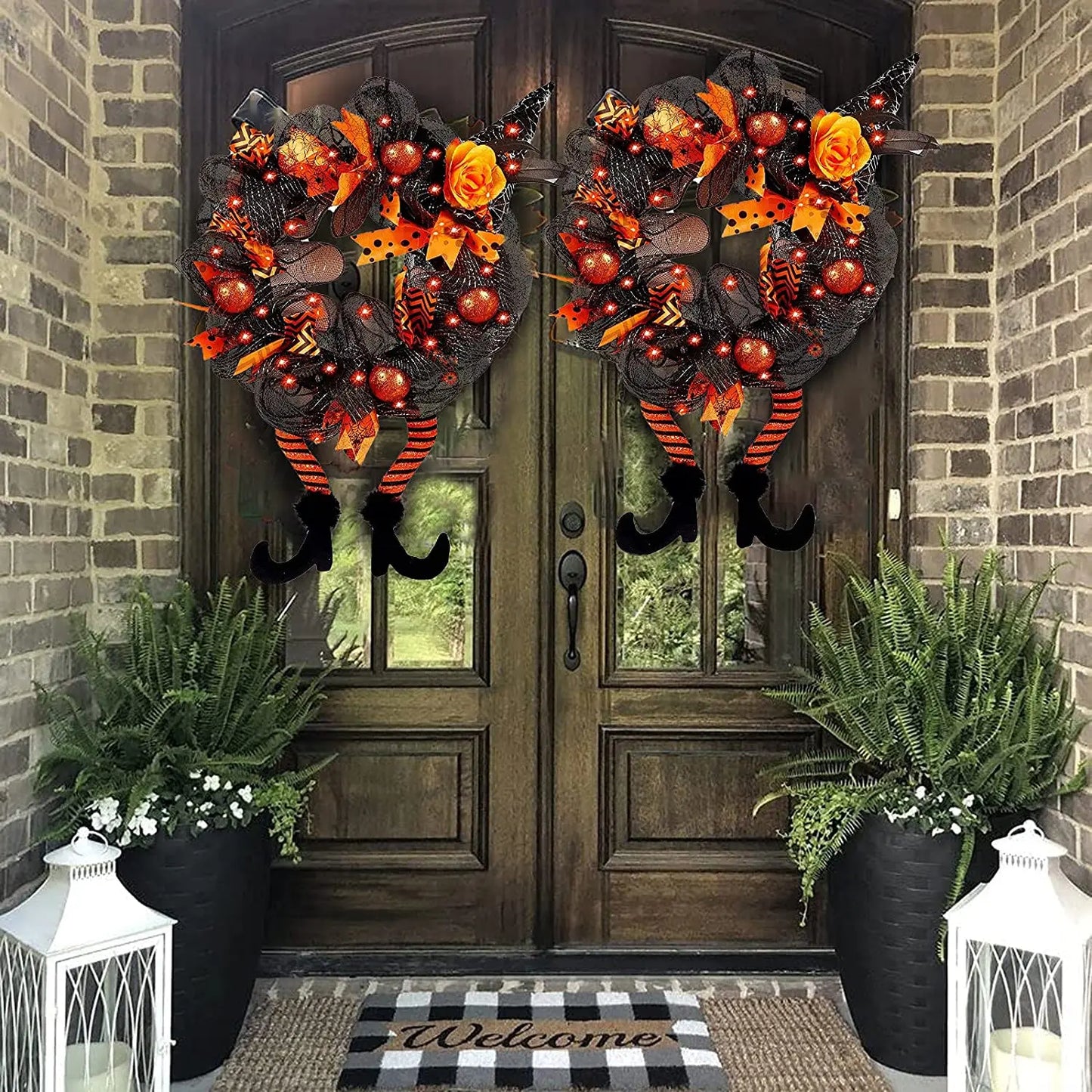 Halloween Wreath With Led Lights Door Hanging Decoration Pumpkin Witch Hat Leg Wreath Carnival Party Gifts Home Halloween Decor