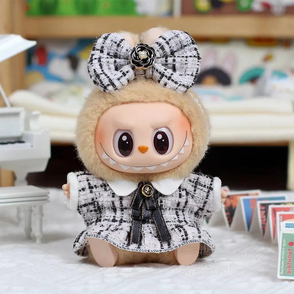 Doll Clothes Outfit Accessories Labubu Clothes Designer Black and White Plaid Dress Set DIY Mini Dolls Clothing Girl Gift