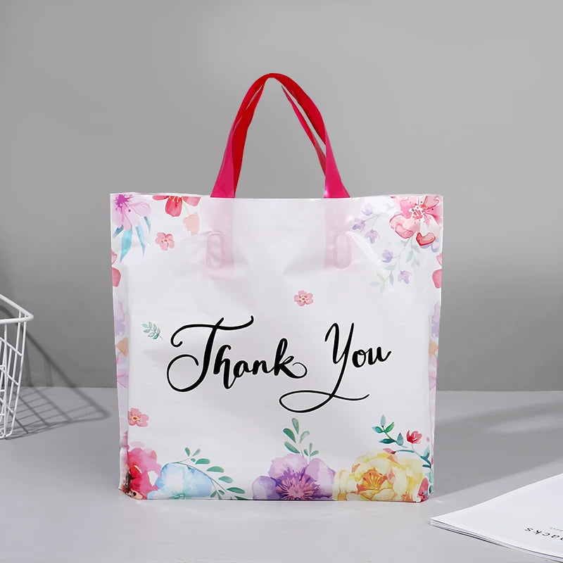 10/20/30Pcs Thank You Gift Bag Floral Design Plastic Tote Bags for Wedding Birthday Party Gift Packaging Thanksgiving Christmas