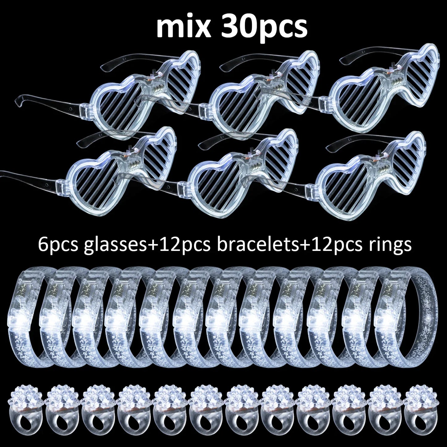 White Wedding Mix Sets LED Light Up Glasses Glow Bracelets and Flashing Bumpy Rings Wedding Party Favors Supplies