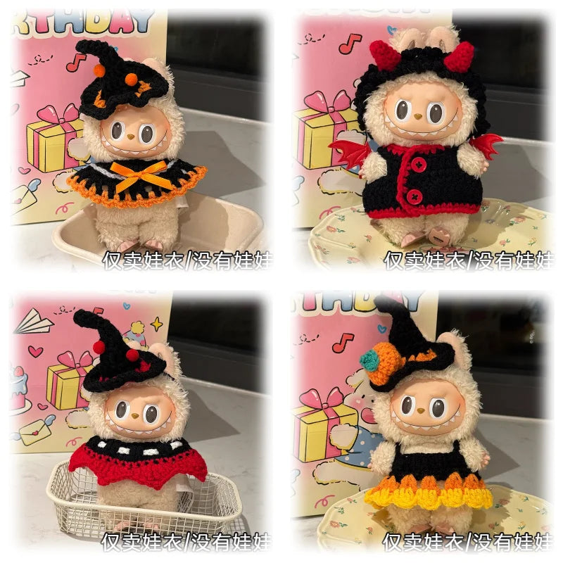 3.0 Labubu Clothes Halloween Knitted Pumpkin Bat Ghost Set for 15/17cm Doll Funny Necklace Accessories Christmas Halloween Gift