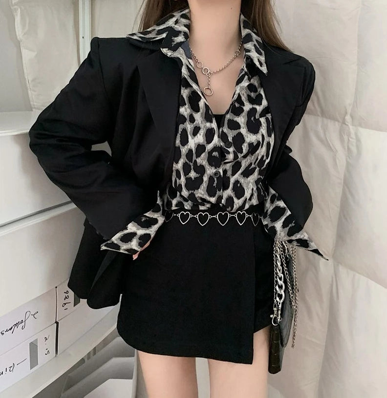 Design Sensation Hot Street Hong Kong Style Leopard Print Long Sleeved Women's Clothing 2025 Spring New Mid Length Shirt