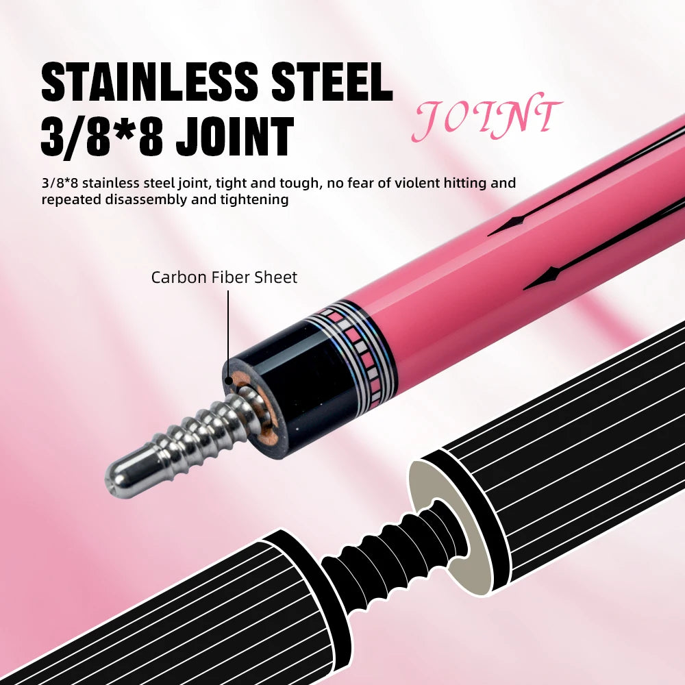 KONLLEN AK01F Carbon Fiber Pool Cue Stick With 12.5mm Tip Pink Cue Low Deflection 3/8*8 Pin Suitable for Woman for Billiard Cue