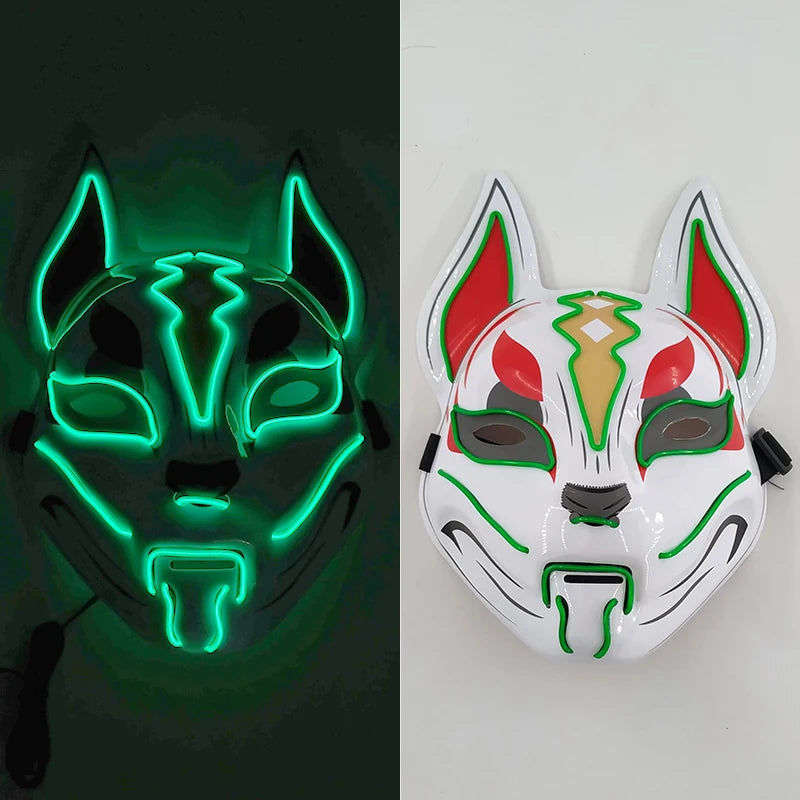 Glowing Demon Slayer Mask Cosplay Japanese Cartoon Neon Light Samurai Mascara Luminous Led Fox Mask for Halloween Christmas