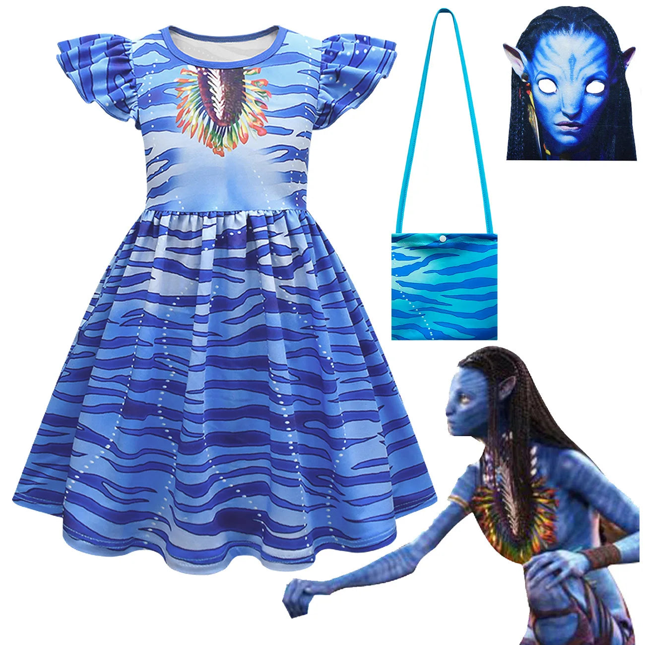 Avatar Cosplay 3D Dress Girl Kids Avataring 2 Cosplay Costume Halloween Party Dress Up Clothes Masks Fashionable Trend Dress