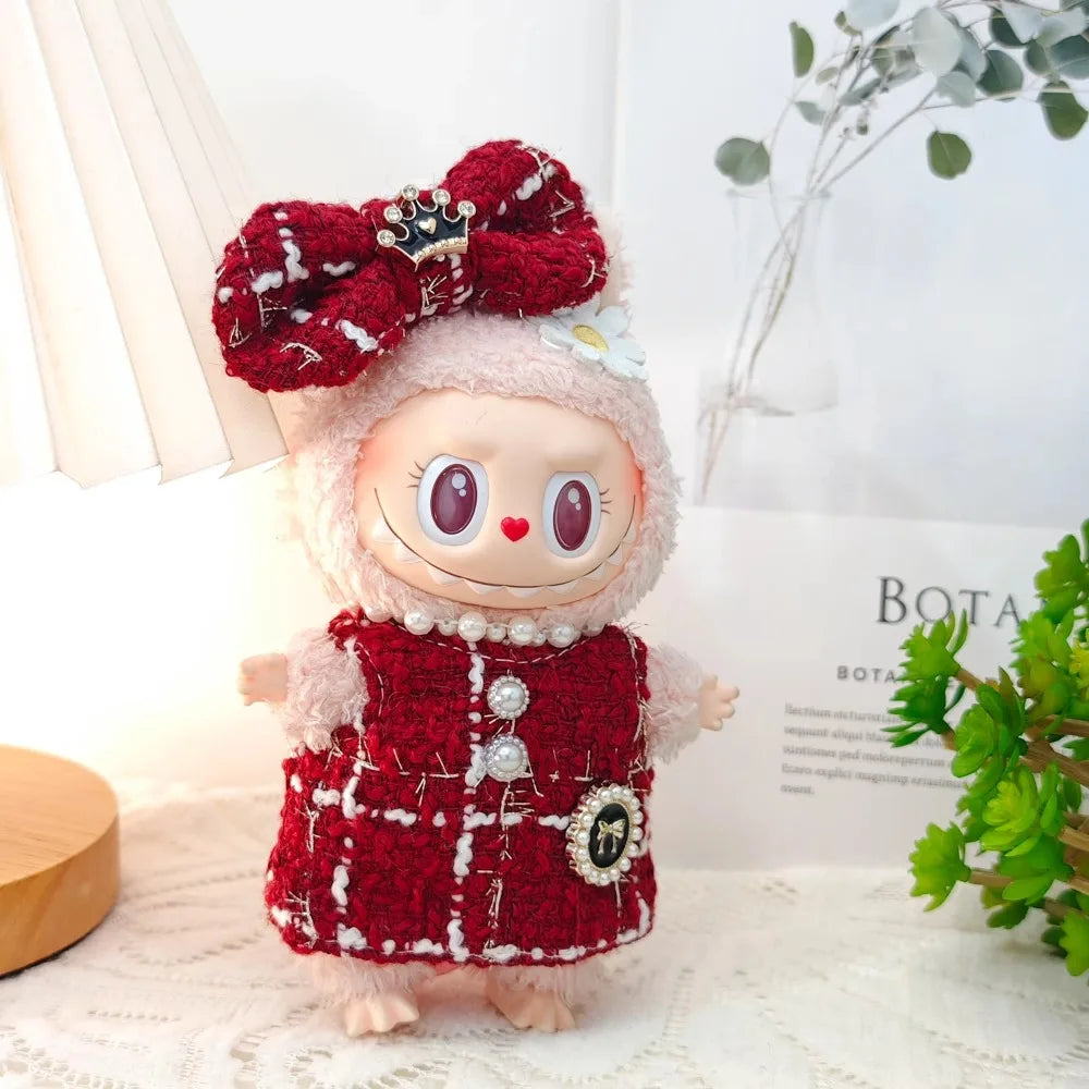 Doll Clothes Outfit Accessories Labubu Clothes Designer Black and White Plaid Dress Set DIY Mini Dolls Clothing Girl Gift