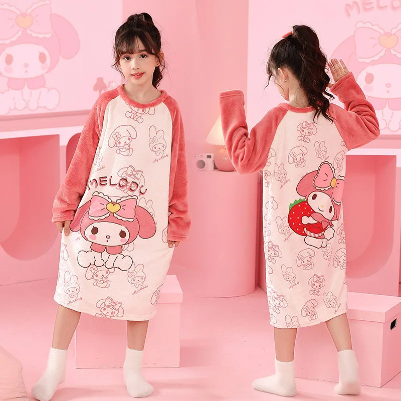 Sanrio Hello Kitty Kuromi Children's Pajamas Cinnamoroll My Melody Autumn Winter Flannel Anime Kids Robe Long Sleeved Girls Boys