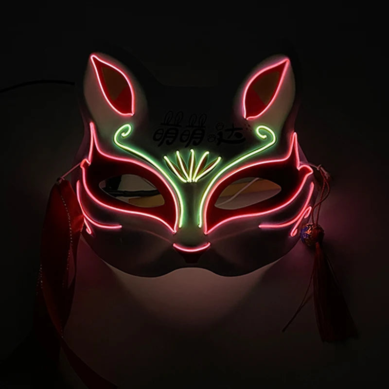 Holiday Light Up Neon Half Face Mask Flashing in Dark Fox Mask Halloween LED Luminous Fox Mask for Women Girl Cosplay Props