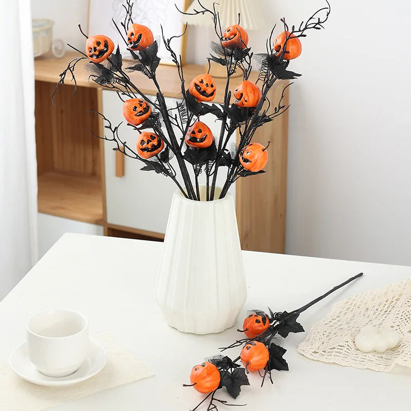1/2pcs Halloween Branches Artificial Pumpkin Maple Leaf Stem Flowers Halloween Party Decoration for Home DIY Vase Photo Props