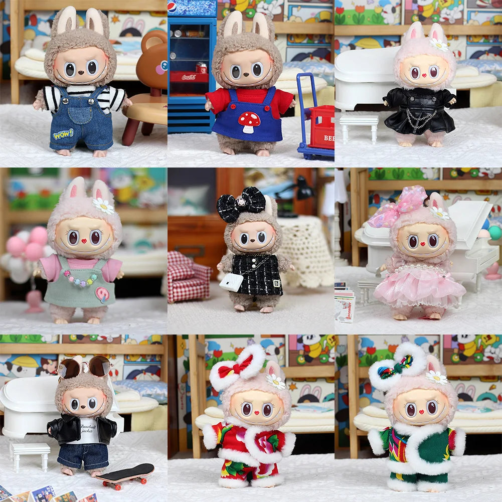 17cm Mini Plush Doll's Clothes Outfit Accessories for Korea Kpop Exo Labubu Idol Flower Shirt Leather Jacket Skirt Clothing Gift
