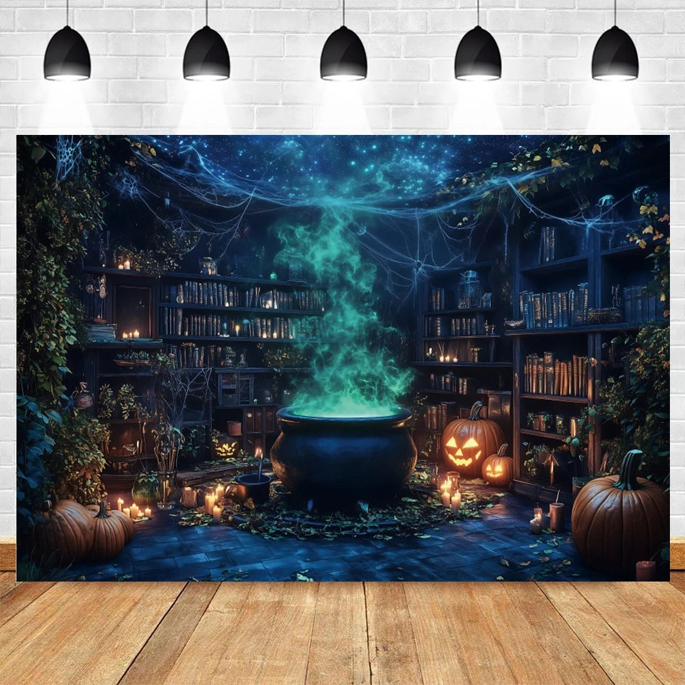 Halloween Horror Photo Backgrounds Witches Magic Boiler Bookshelf Pumpkin Lanterns Spider Web Spooky Party Photography Backdrops