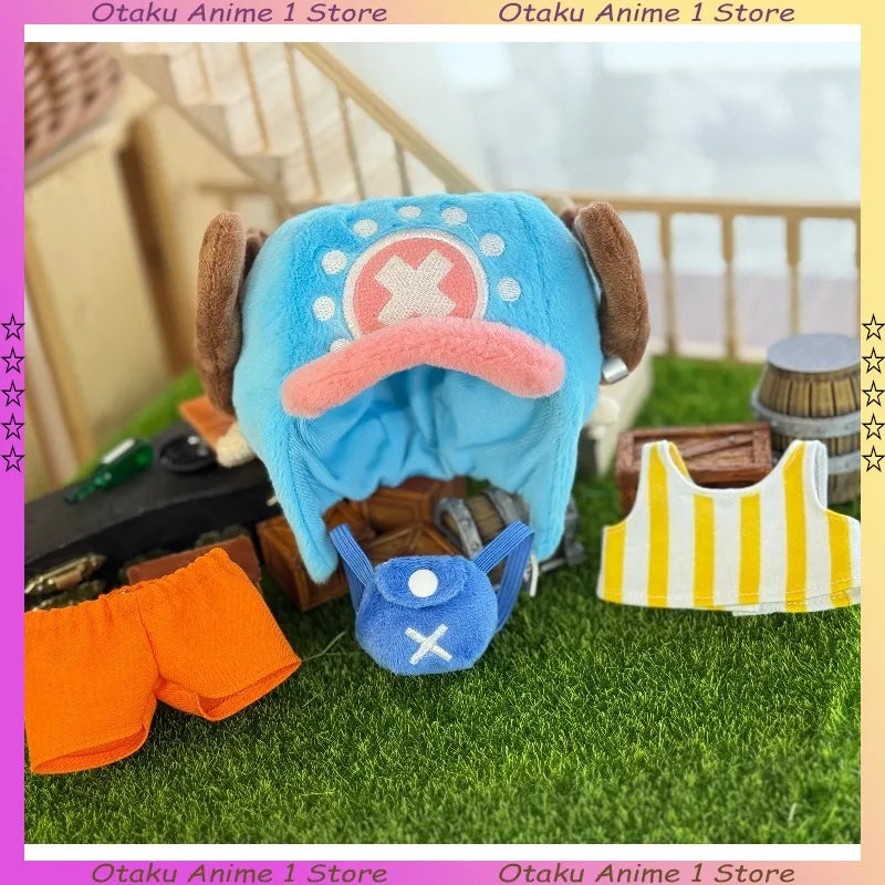 New Labubu Doll Clothes Cartoon Chopper Hat Backpack Luffy Straw 4-Piece Set Mini Plush Doll Clothing Fashion Doll Accessories