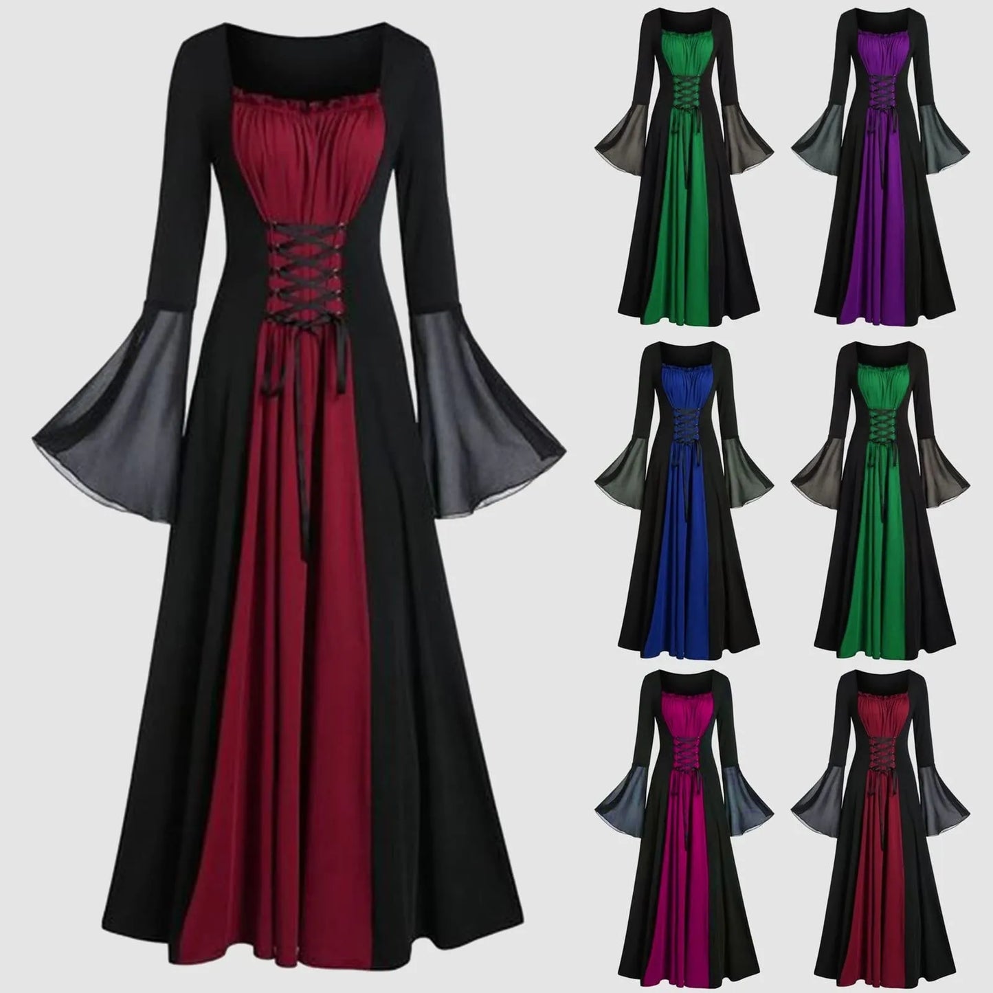 Halloween Medieval Dresses for Women Costumes Trumpet Sleeves Gothic Retro Gown Strap High Waist Cosplay Dress Dress Up Party