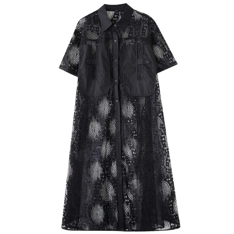 #2615 Summer Black White Hollow Out Vintage Long Shirt Dress Women Loose Split Joint Streetwear A-Line Midi Dress Ladies Sexy