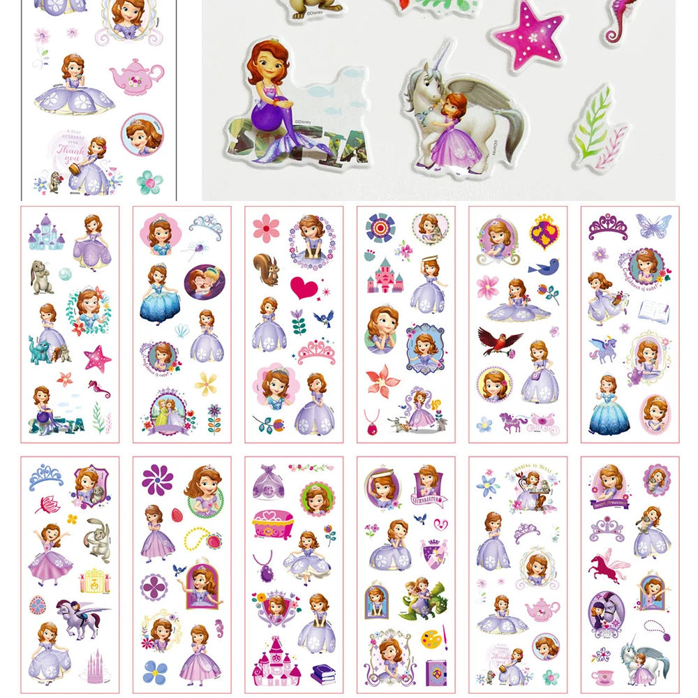 3/6/12Sheets Cute Disney Cartoon 3D Bubble Sticker Princess Mickey Mouse Cars Decals Kawaii Reward 3D Puffy Sticker for Kids Toy