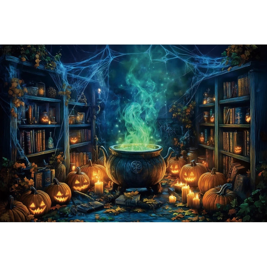 Halloween Horror Photo Backgrounds Witches Magic Boiler Bookshelf Pumpkin Lanterns Spider Web Spooky Party Photography Backdrops