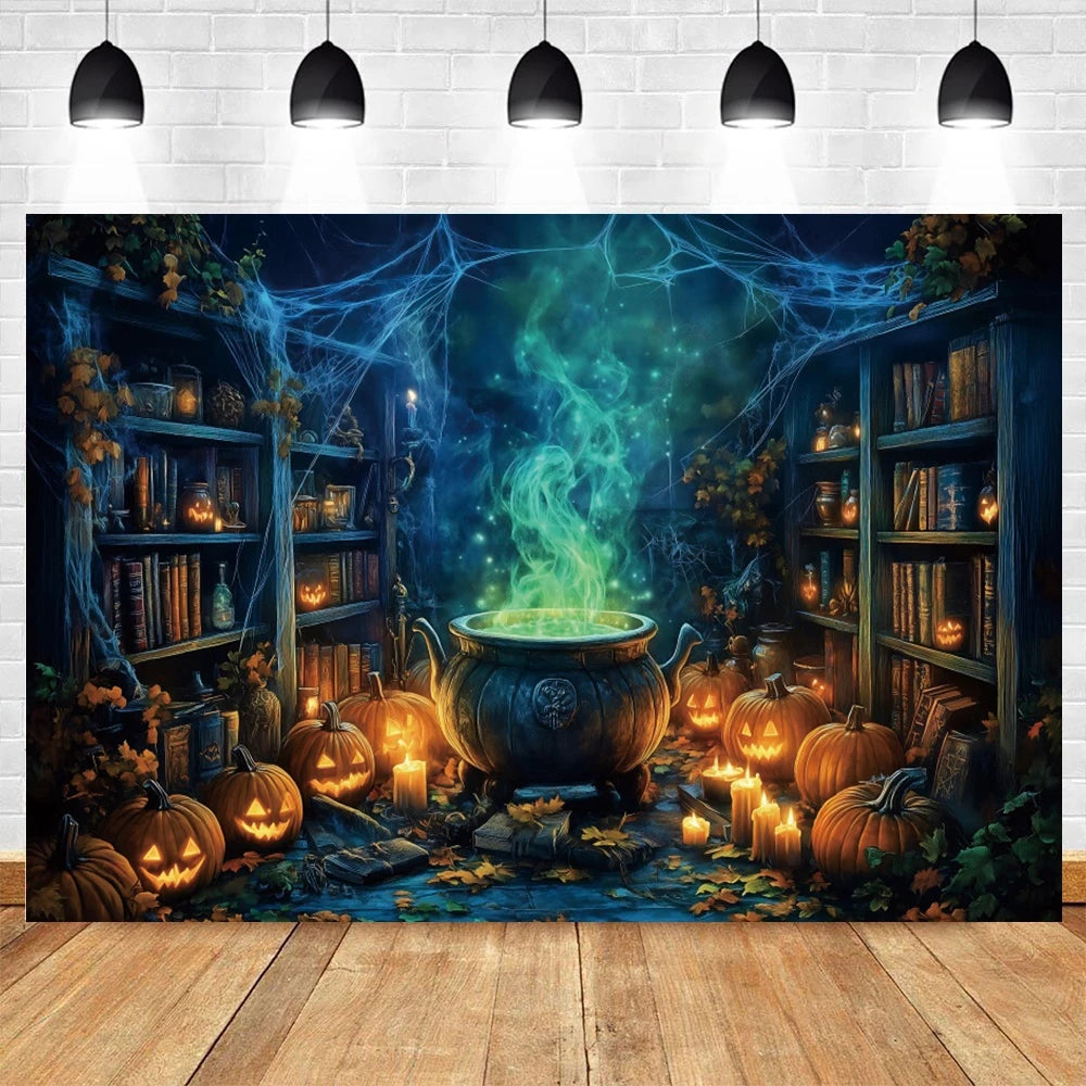 Halloween Horror Photo Backgrounds Witches Magic Boiler Bookshelf Pumpkin Lanterns Spider Web Spooky Party Photography Backdrops
