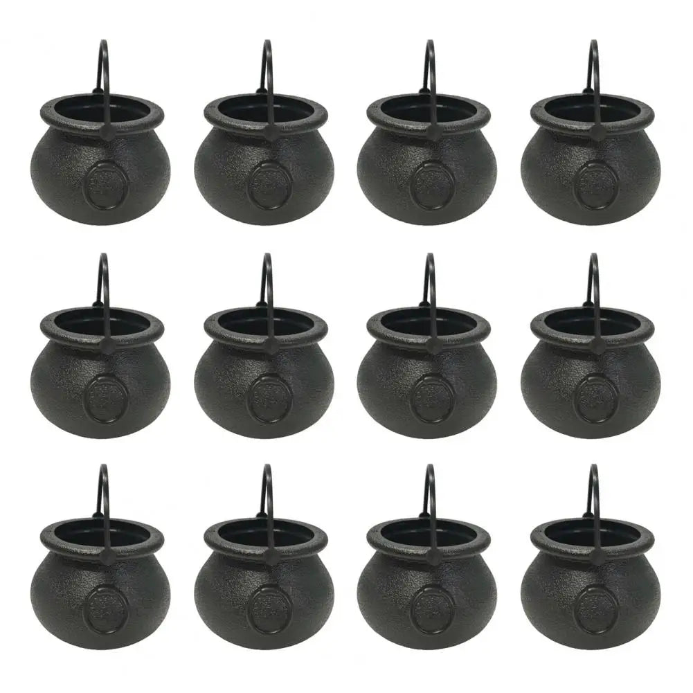 12Pcs Halloween Candy Buckets Black Plastic Witch Cauldron Kettle Halloween Pot Goody Holder for Party Favors