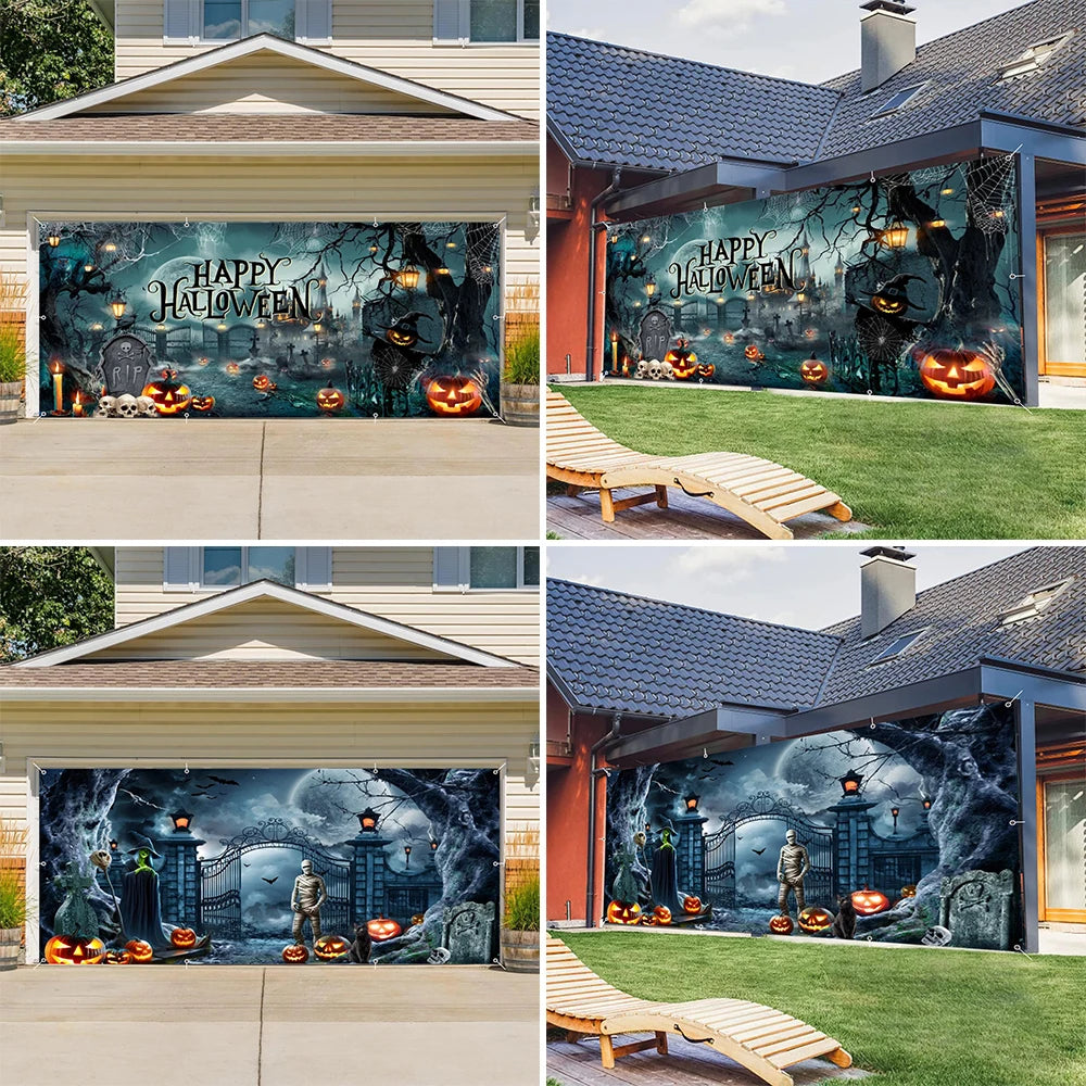 Halloween Garage Door Photography Background Spooky Graveyard Gate Witches Dark Banner Hanging Outdoor Halloween Photo Backdrop