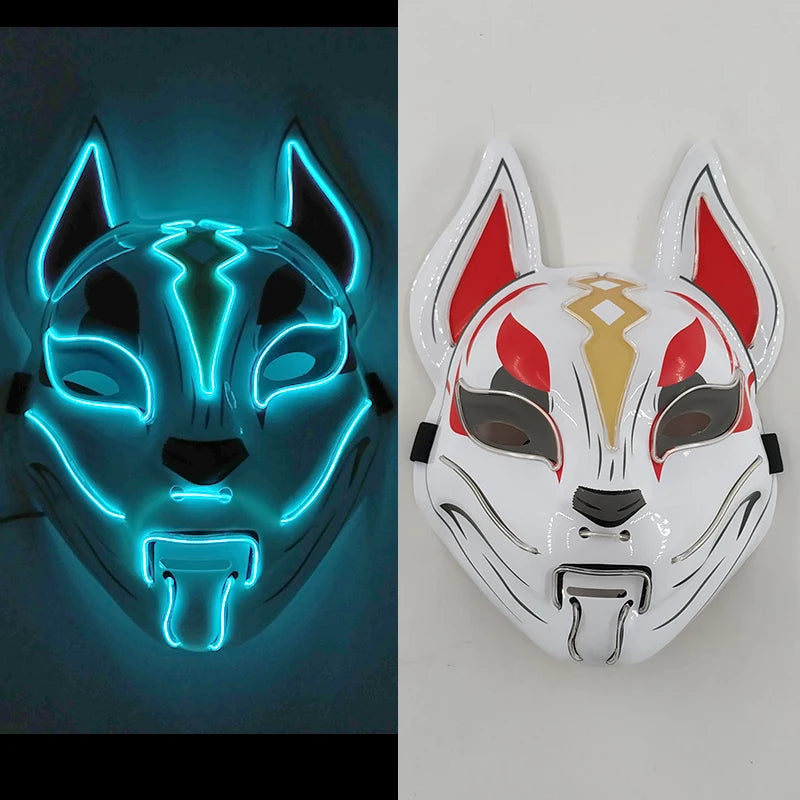 Glowing Demon Slayer Mask Cosplay Japanese Cartoon Neon Light Samurai Mascara Luminous Led Fox Mask for Halloween Christmas