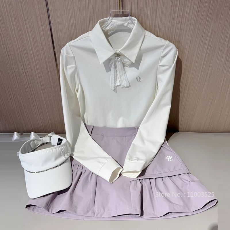 PL Women Long Sleeve Golf Polo Shirts Ladies Autumn New T-Shirt Bowknot Lapel Sports Top Ladies Cargo Short Skirts Slim Skort