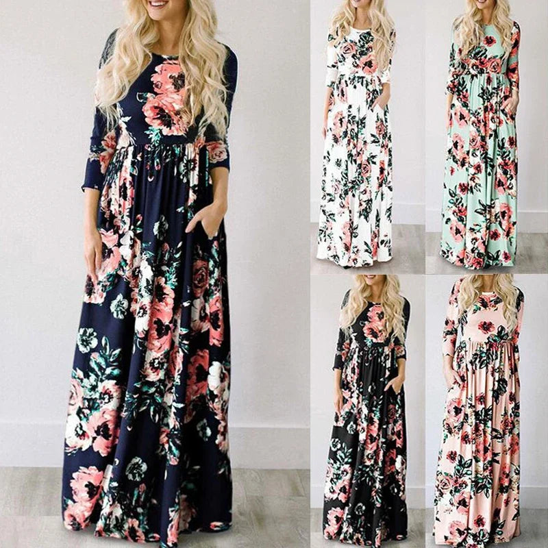 Women Summer Floral Print Maxi Dress 2024 LOOSE White Boho Beach Dress Women Vintage Evening Party Long Dress Vestidos Female