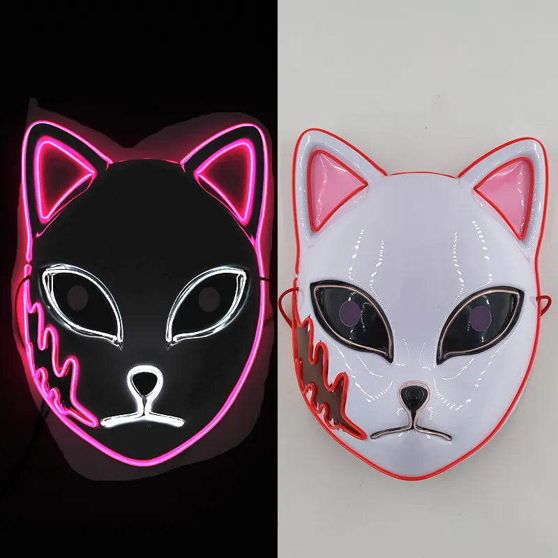 Glowing Demon Slayer Mask Cosplay Japanese Cartoon Neon Light Samurai Mascara Luminous Led Fox Mask for Halloween Christmas
