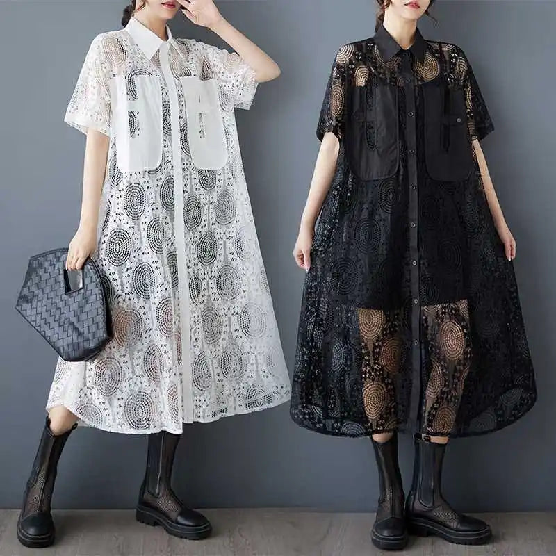 #2615 Summer Black White Hollow Out Vintage Long Shirt Dress Women Loose Split Joint Streetwear A-Line Midi Dress Ladies Sexy