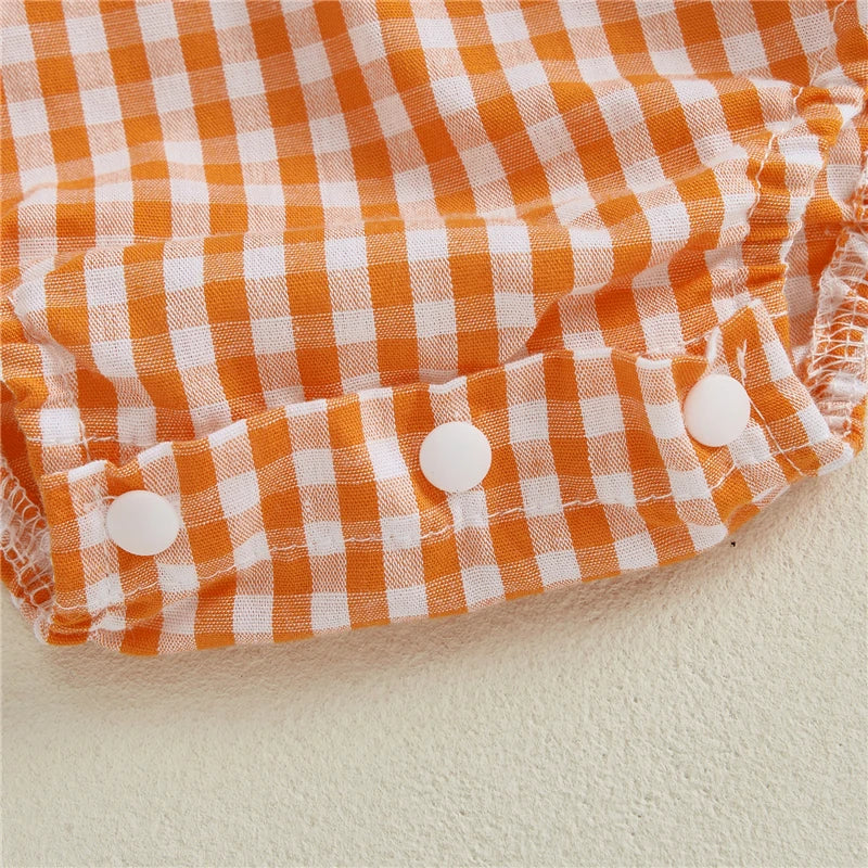 Toddler Baby Girls Halloween Romper Casual Sleeveless Square Neck Pumpkin Plaid Printed Jumpsuit Fashion Infant Newborn Clothes