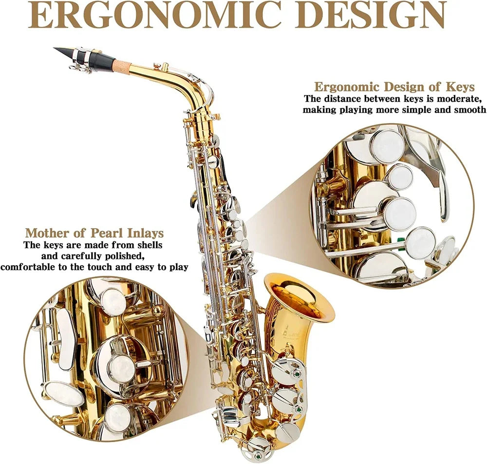 SLADE Golden Silver Saxophone Brass Eb Alto Saxophone Box Cleanning Cloth Reed Strap Glove Trimmer Parts for Beginners Adults