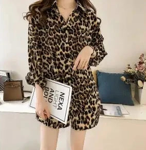 Design Sensation Hot Street Hong Kong Style Leopard Print Long Sleeved Women's Clothing 2025 Spring New Mid Length Shirt