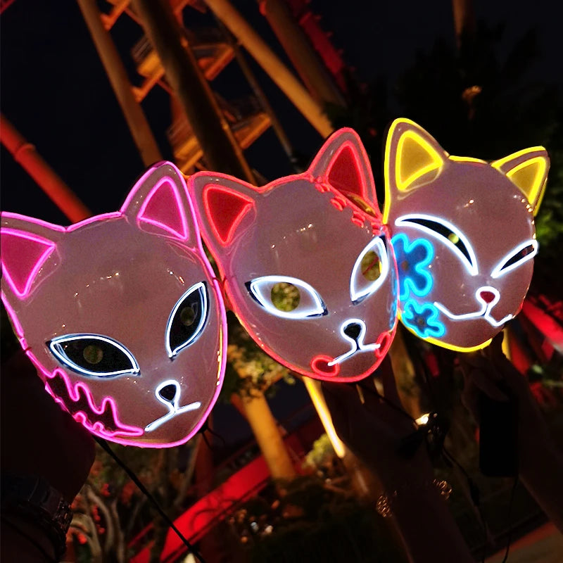 Glowing Demon Slayer Mask Cosplay Japanese Cartoon Neon Light Samurai Mascara Luminous Led Fox Mask for Halloween Christmas