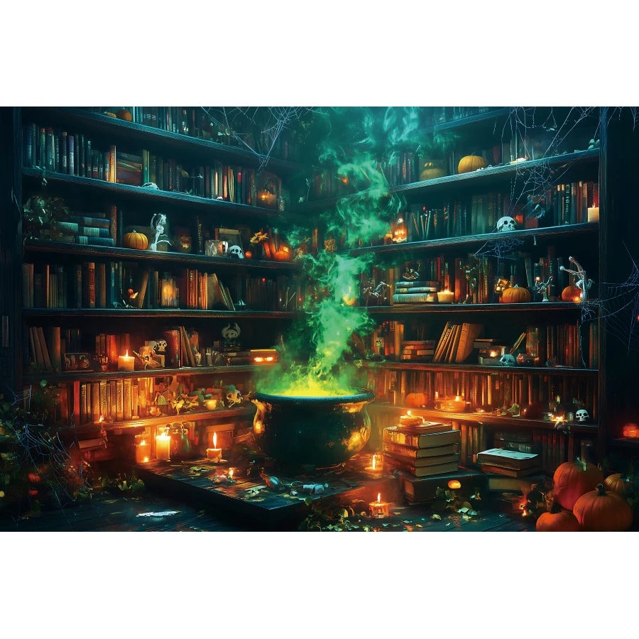 Halloween Horror Photo Backgrounds Witches Magic Boiler Bookshelf Pumpkin Lanterns Spider Web Spooky Party Photography Backdrops
