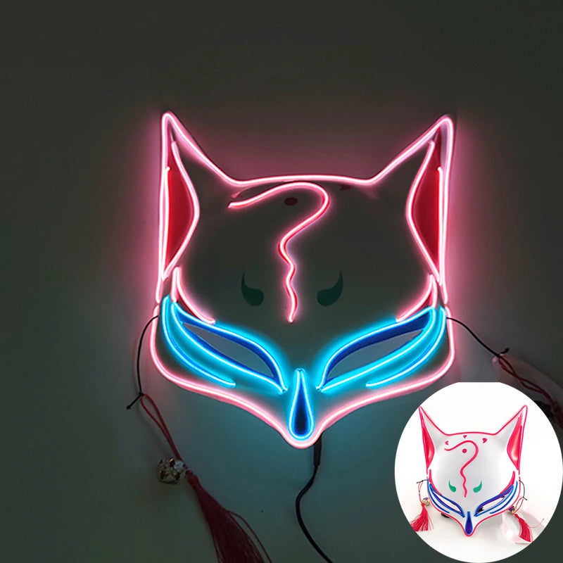 Glowing Demon Slayer Mask Cosplay Japanese Cartoon Neon Light Samurai Mascara Luminous Led Fox Mask for Halloween Christmas