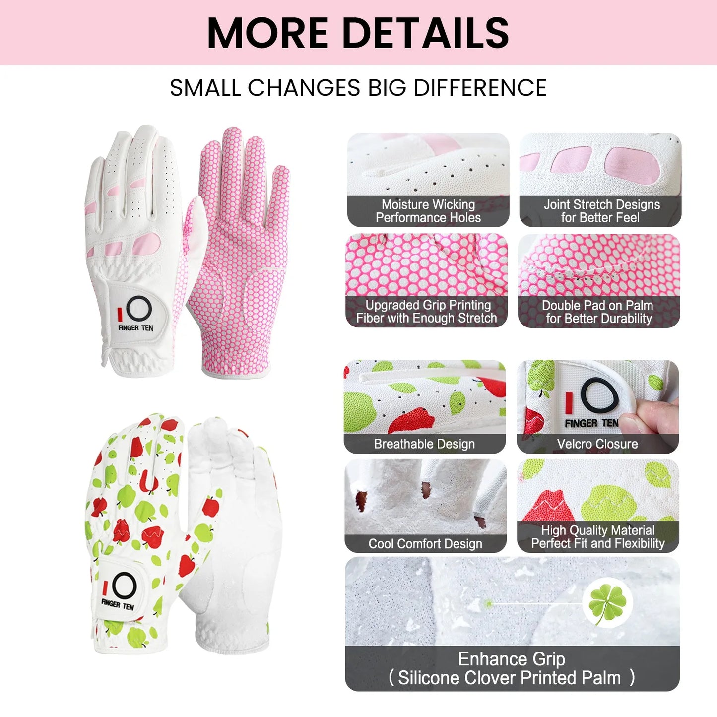 Golf Women's Gloves Ladies Left Hand Golfer Value 6 Pack, All Weather Rain Grip Glove,Golf Glove Fashion Pattern Design