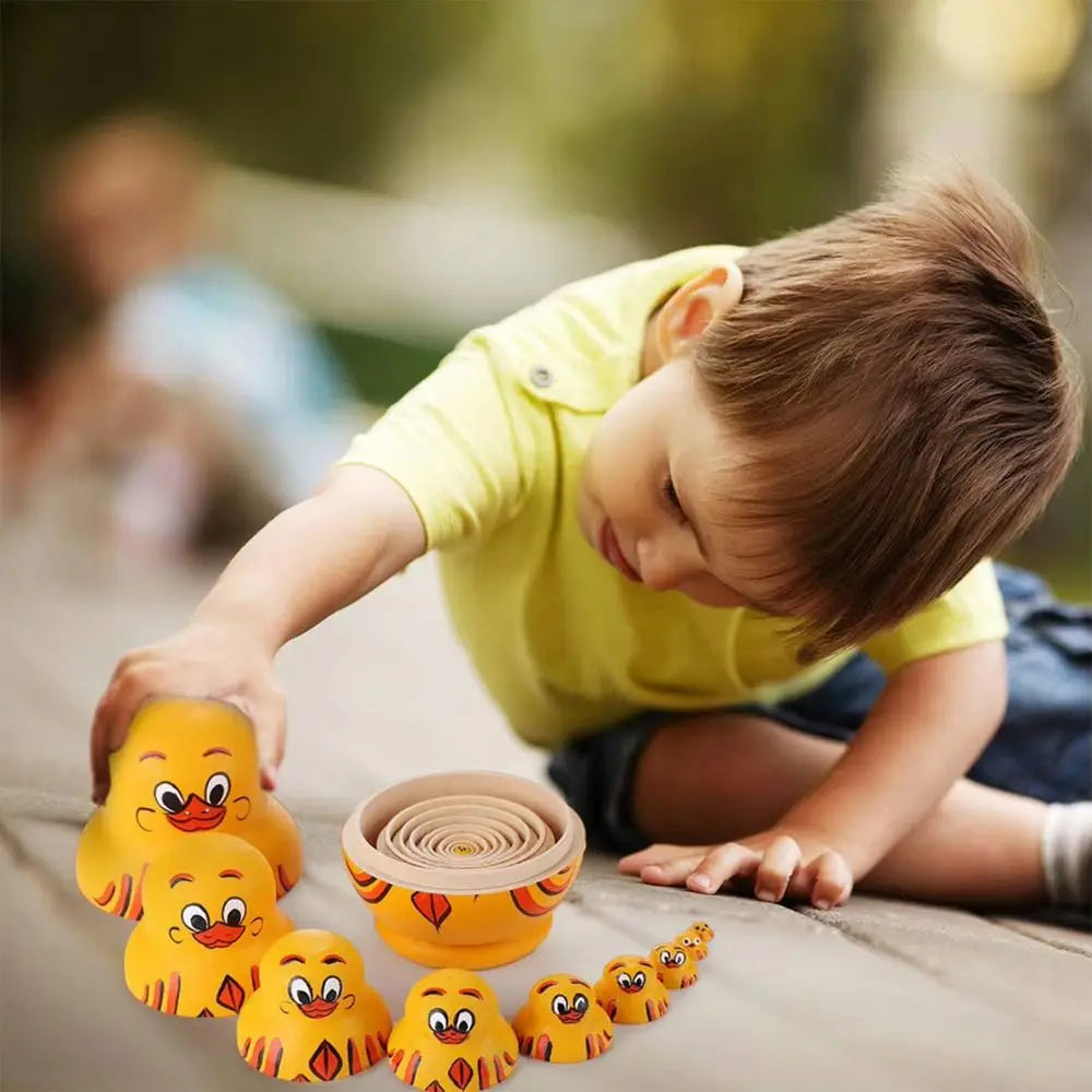 Decorations 10 Layer Nesting Dolls Yellow Duck Wooden Matryoshka Doll Toys Handmade Animals Pattern Stacking Dolls Kids Toy